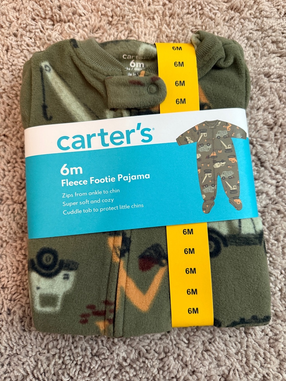 Carter's Olive Green Fleece Footie Pajama with Vehicle Print